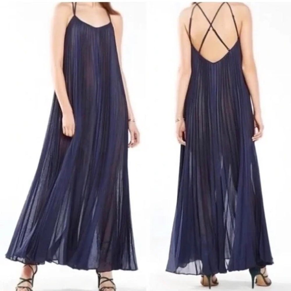 BCBGMAXAZRIA Blue Pleated Maxi Dress Crisscross Back Gown • XS